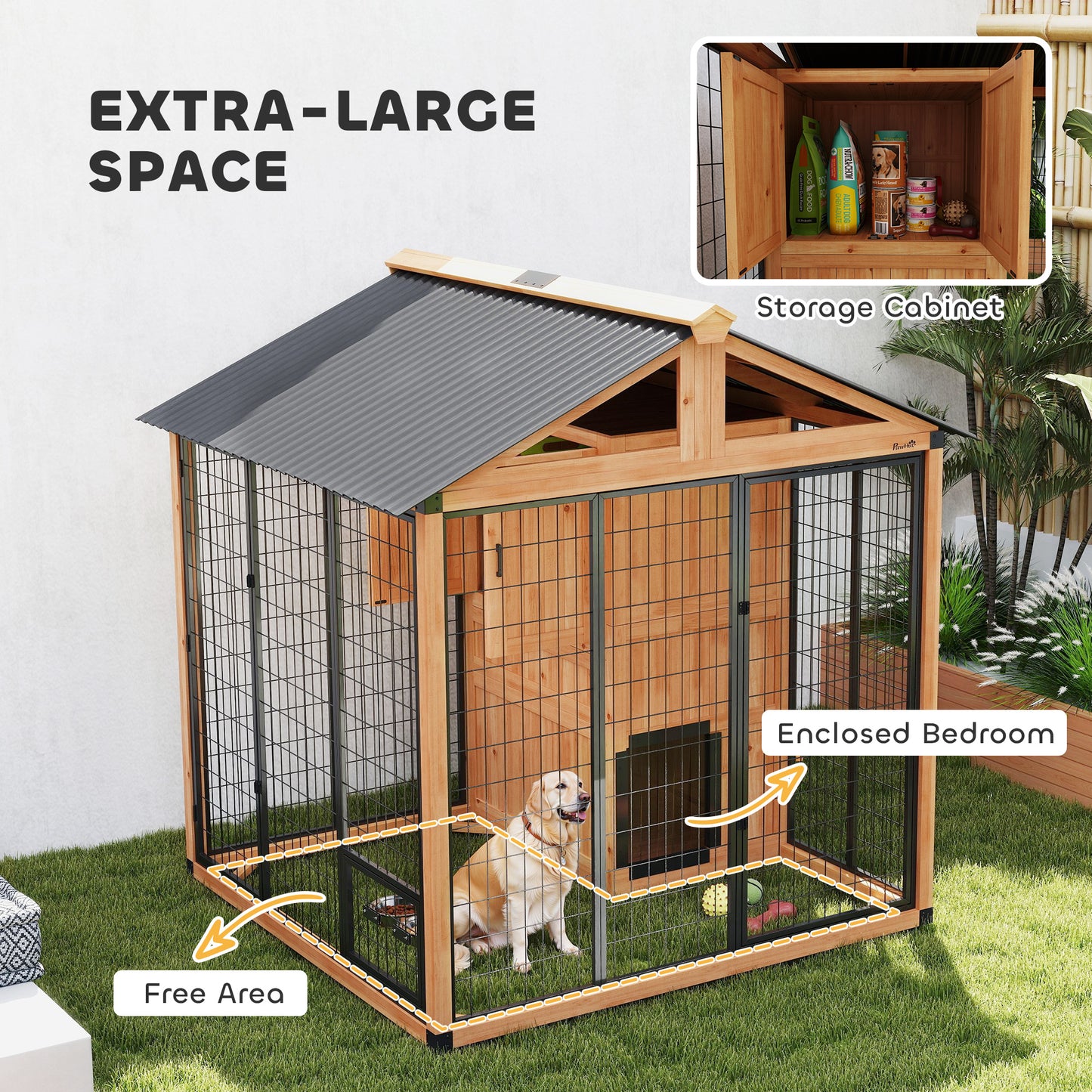 Large Outdoor Dog House with Storage Cabinet & Steel Bowls - Light Yellow