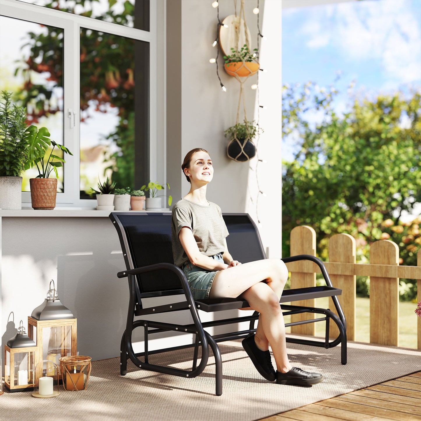 2-Person Outdoor Glider Bench - Black Patio Double Swing Chair