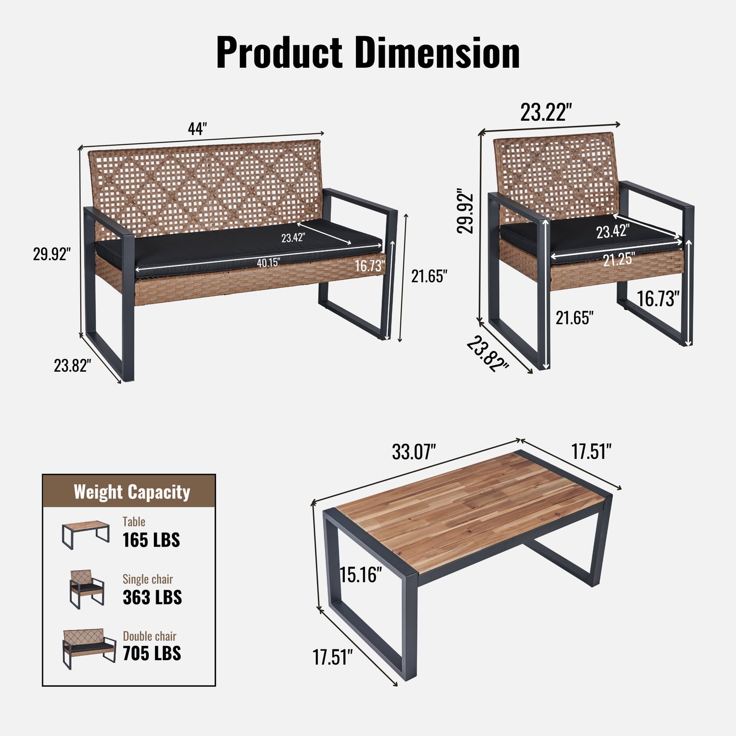 4-Piece Outdoor Patio Furniture Set - Light Brown Acacia Wood