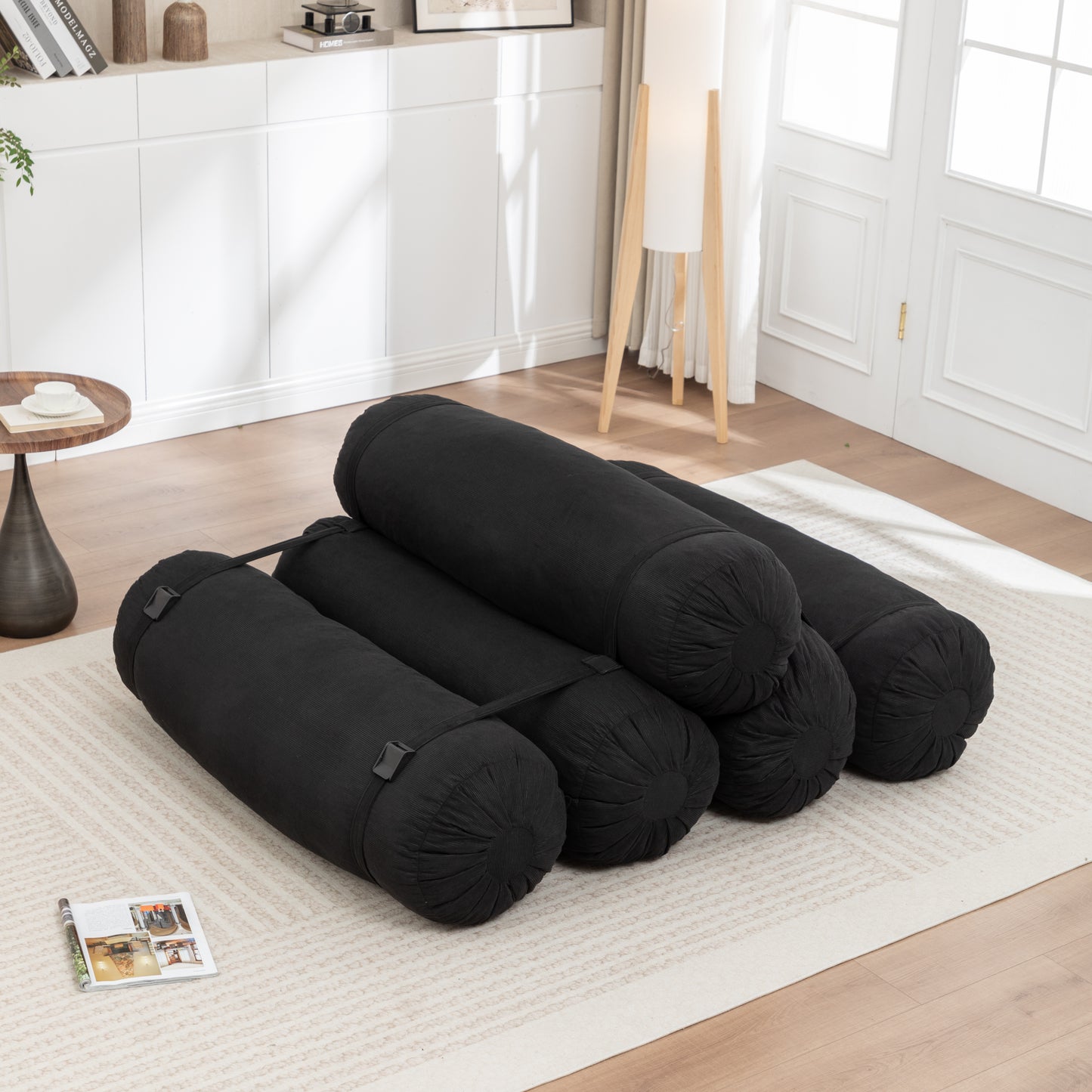 Adjustable Corduroy Floor Sofa - Black Multi-Person Leisure Chair