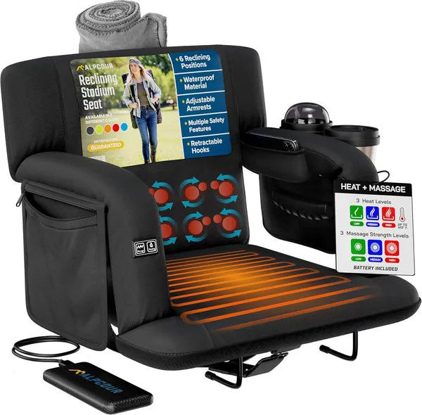 Heated Reclining Stadium Seat with Back Support - Black 21"