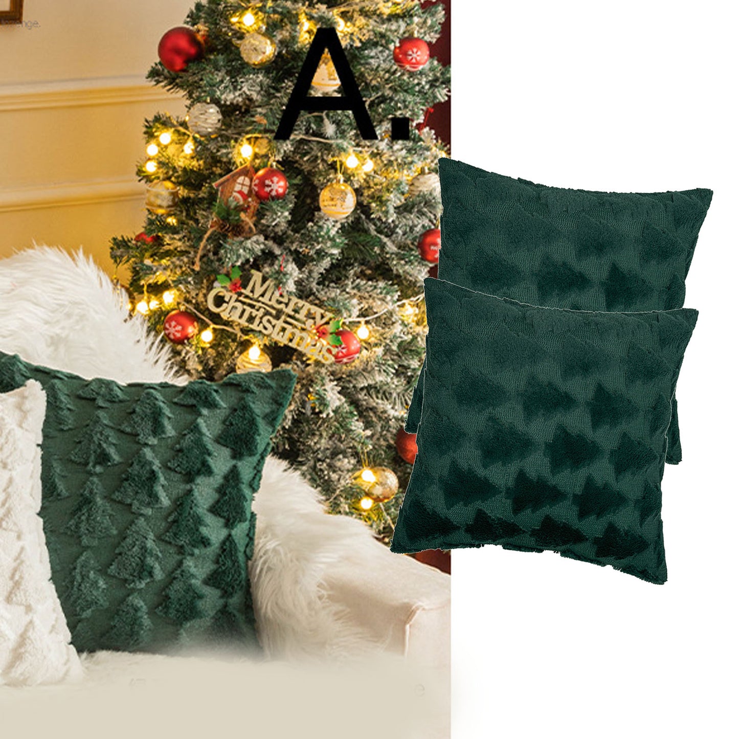 2pcs Xmas Tree Throw Pillow Covers Dark Green Decorative Soft