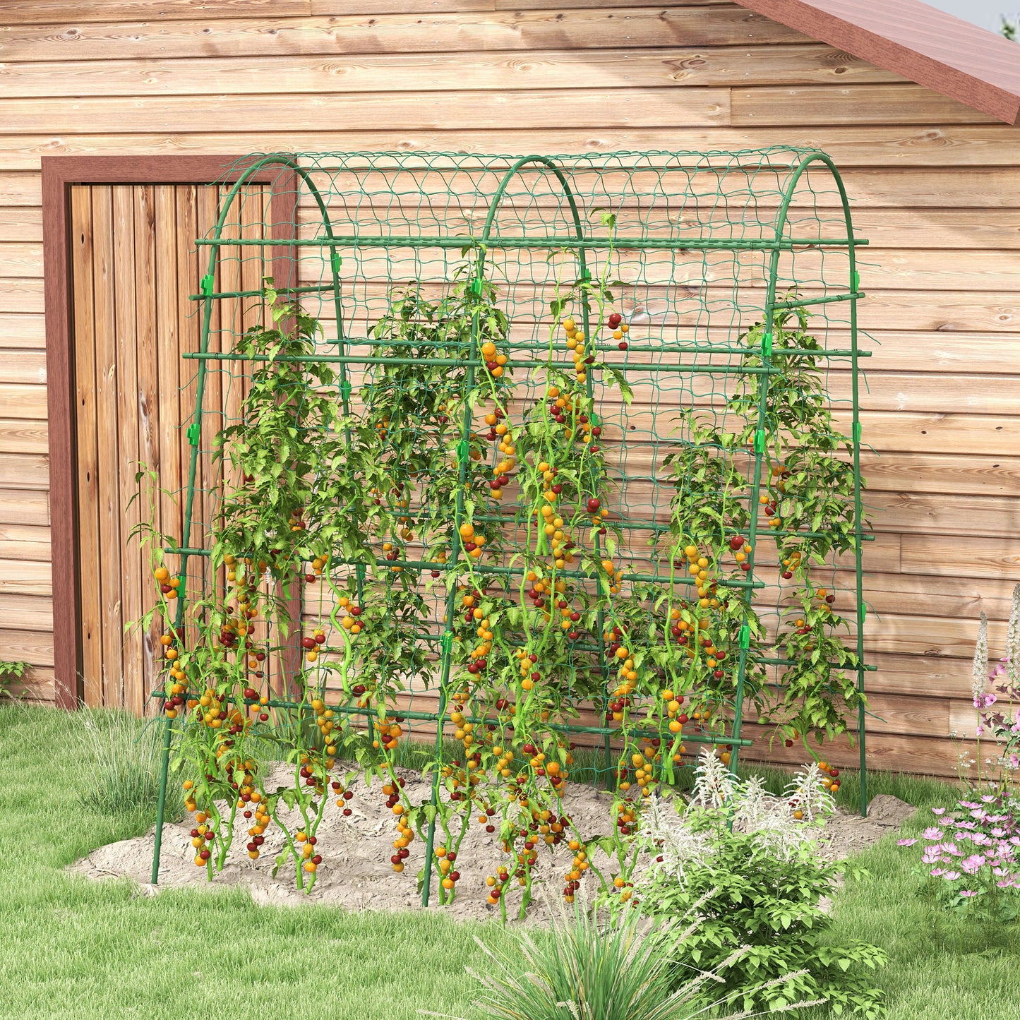 Metal Garden Trellis with Climbing Net - Outdoor Support for Vines, 57x66x81 Inches, Green