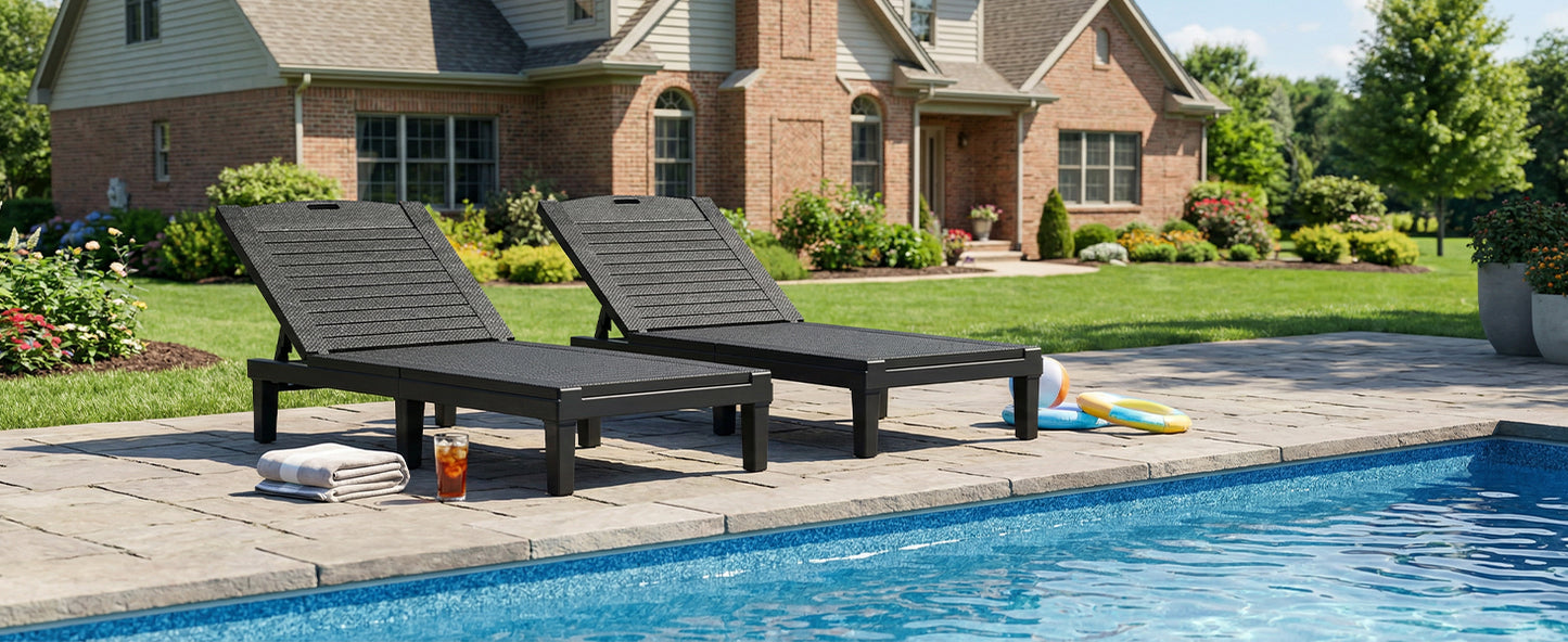 2PCS Adjustable Outdoor Lounge Chair - 5 Position Recliner, Black