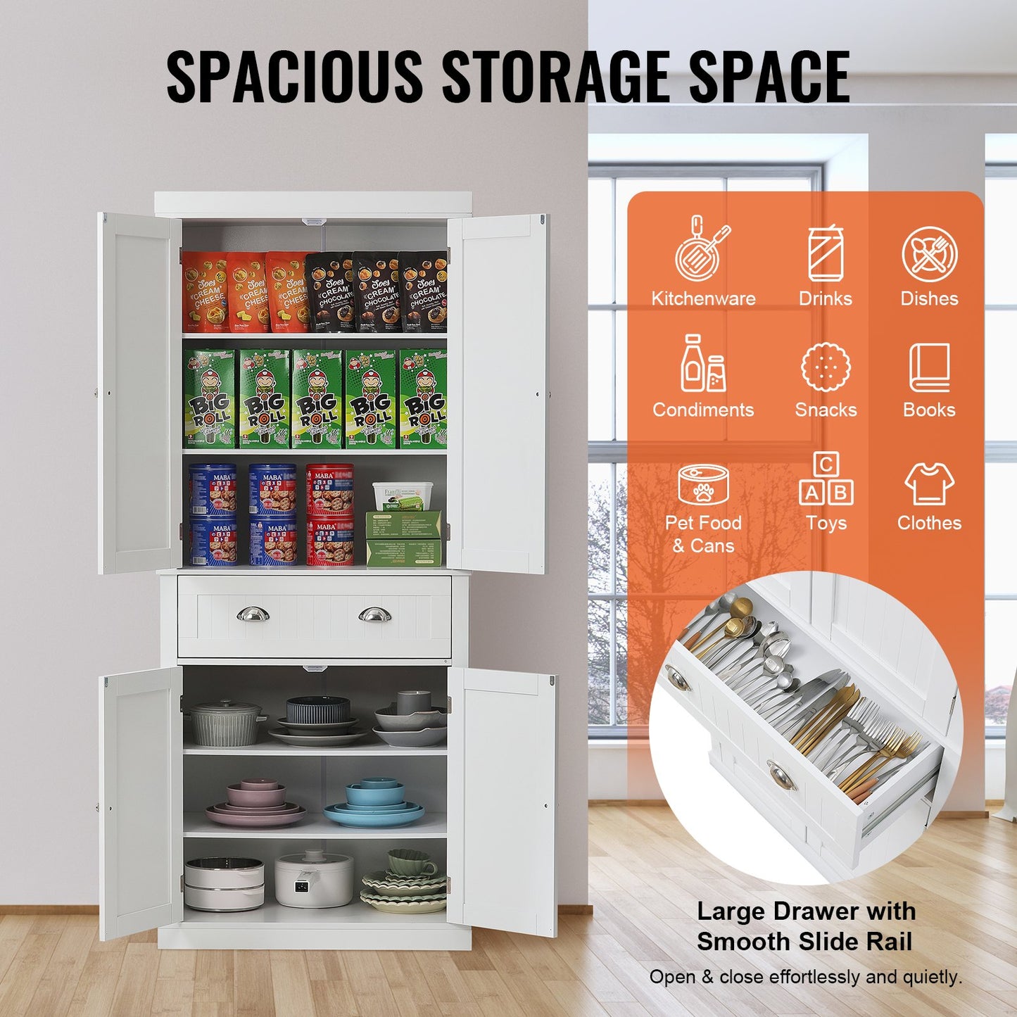 Freestanding Kitchen Pantry Storage Cabinet with Adjustable Shelves - White
