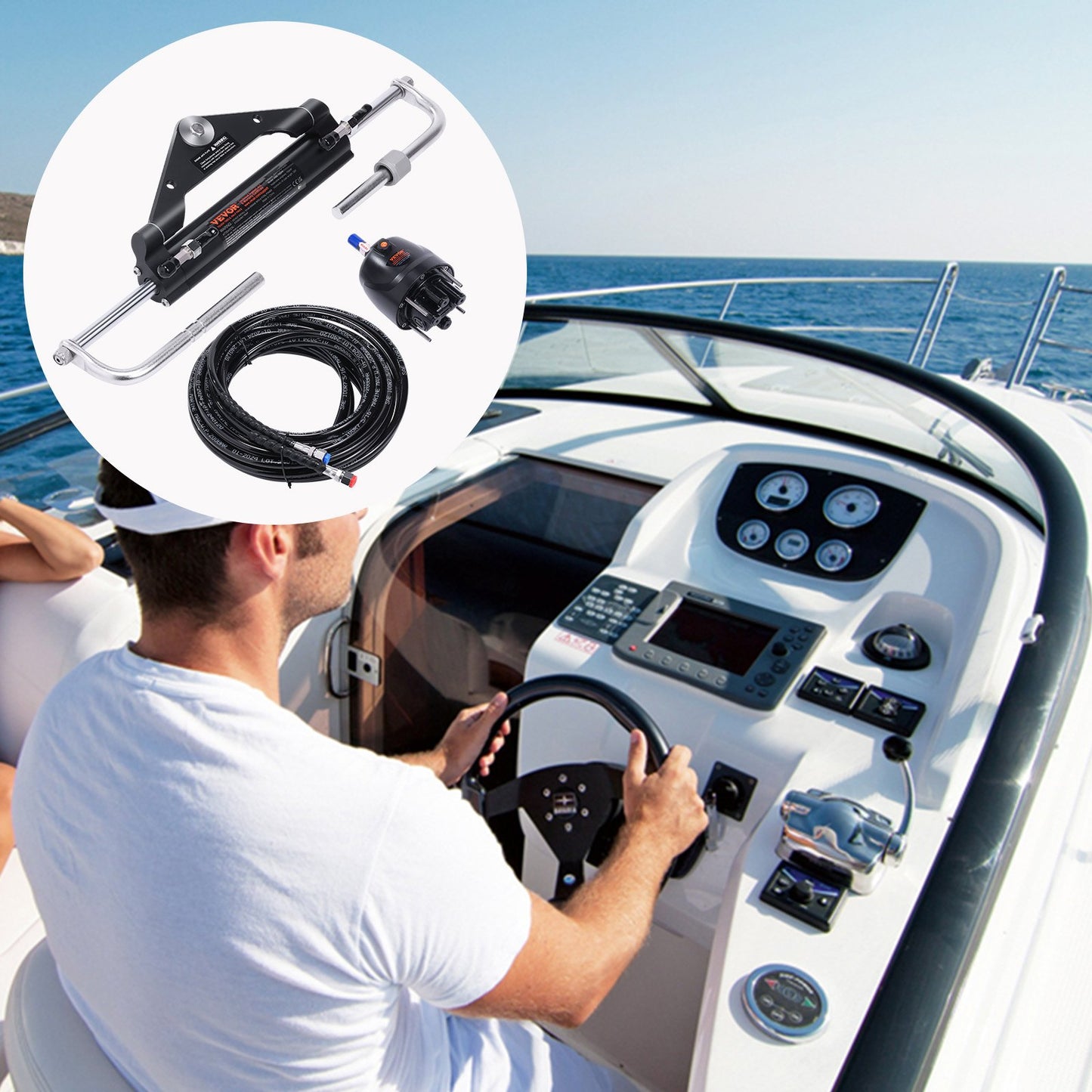 Hydraulic Outboard Steering Kit for 150HP Marine Boats - Black