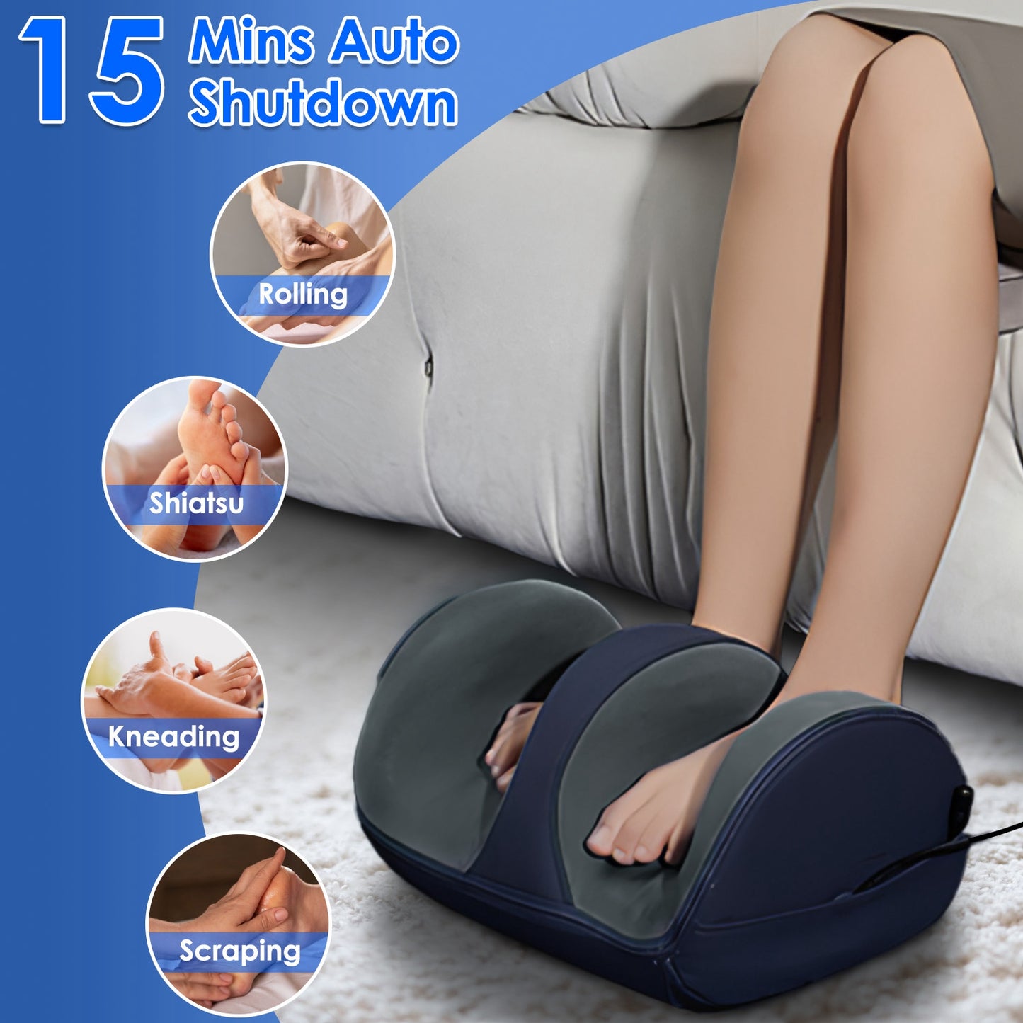 Shiatsu Foot and Calf Massager with Heat - 3 Modes & Intensity - Blue