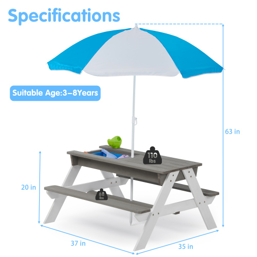 3-in-1 Kids Outdoor Wooden Picnic Table with Umbrella - Grey
