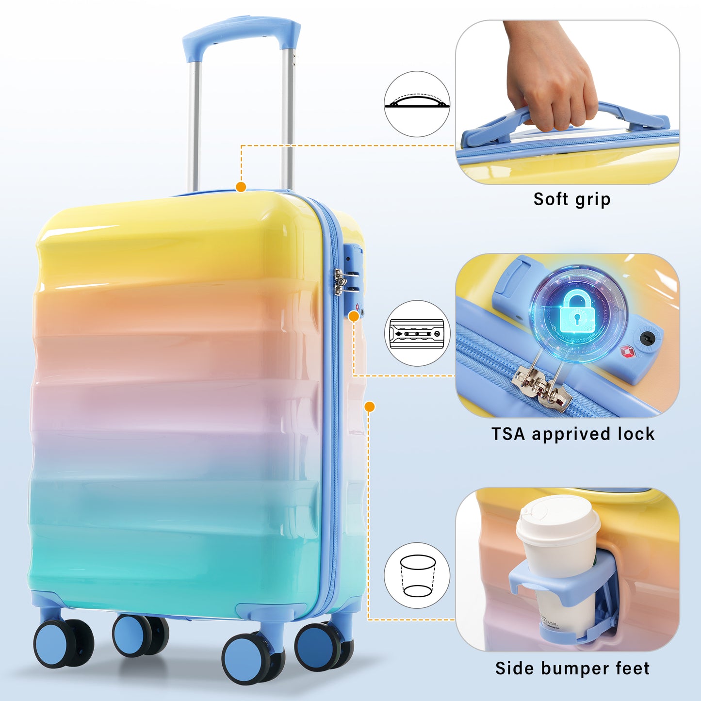 20-Inch Carry-On Luggage with Cup Holder - Lightweight Hardshell Suitcase Set