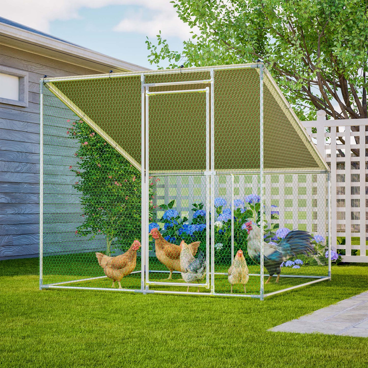 84 X78.7 X72.7 Walk-In Metal Chicken Coop,Slanted Roof,Heavy-Duty