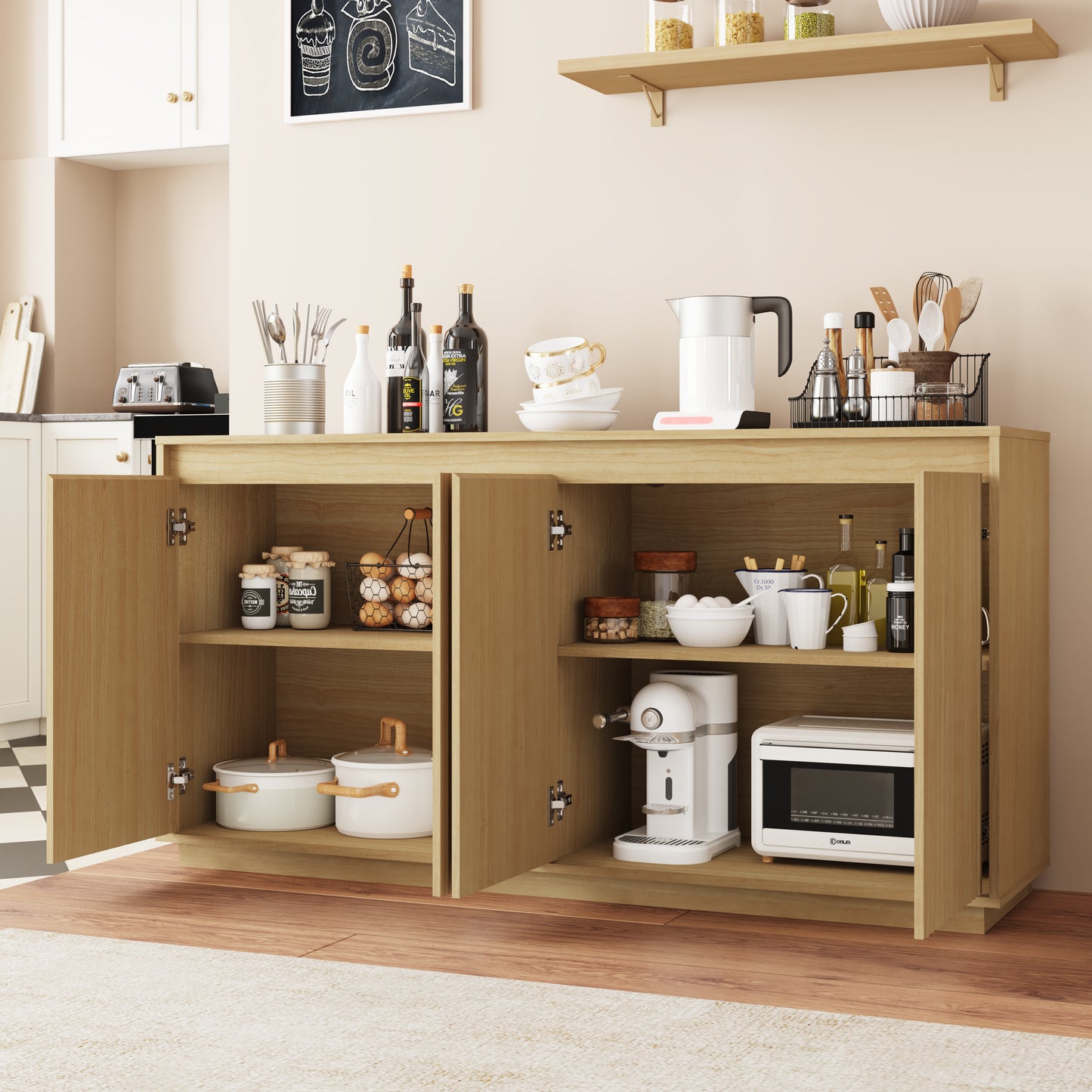 Natural 4-Door Sideboard Buffet Cabinet with Power Outlet