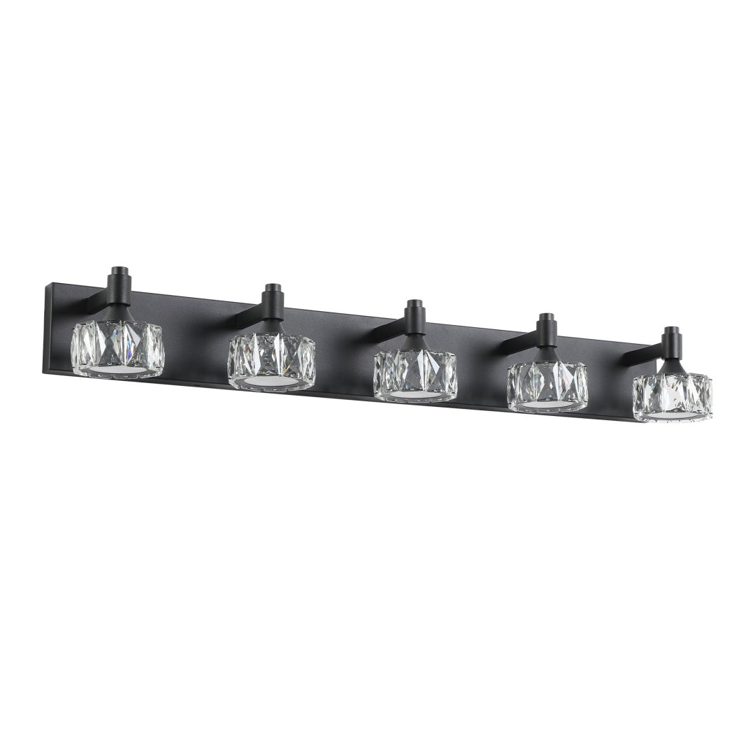 5-Light Matte Black LED Vanity Light Fixture with Crystal Shades