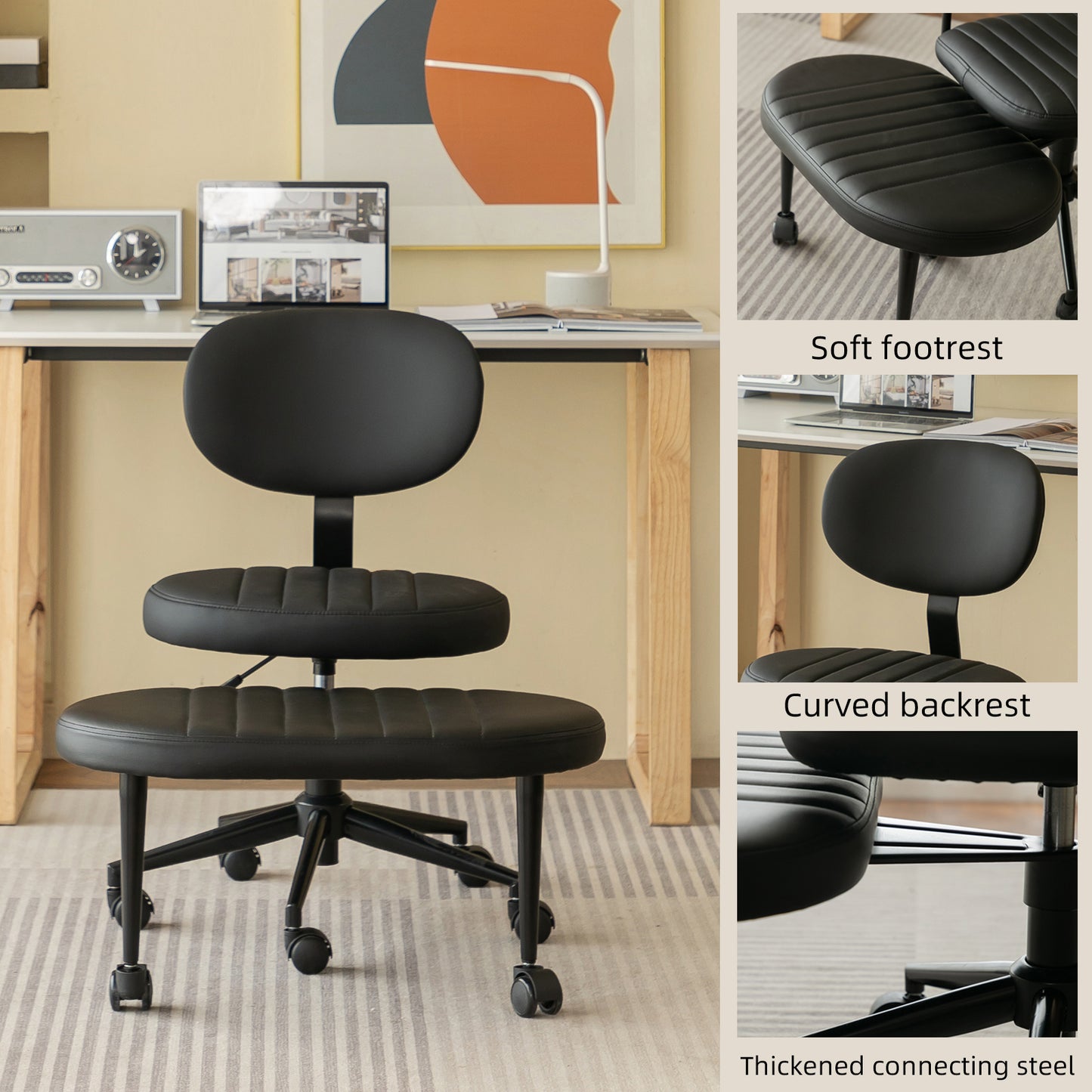 Ergonomic Cross Legged Office Chair with Back Support - Black