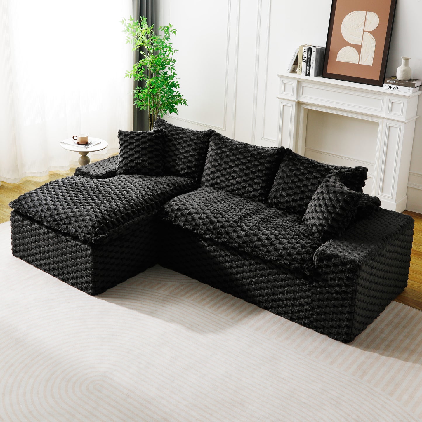 Convertible Twin-Seat Velvet Sofa with Left Chaise Lounge - Black