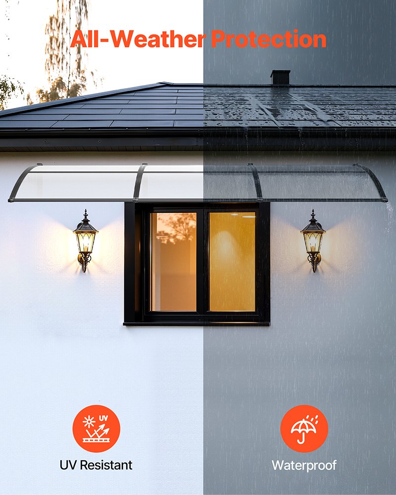 Clear Polycarbonate Door Awning 38x117 Inches with Drainage & ABS Brackets for Exterior Porch Patio
