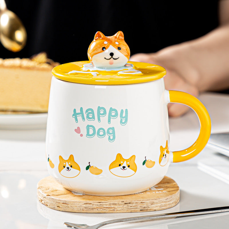 Cute Cartoon Ceramic Mug with Lid and Spoon - 4 Styles, 301-400ml
