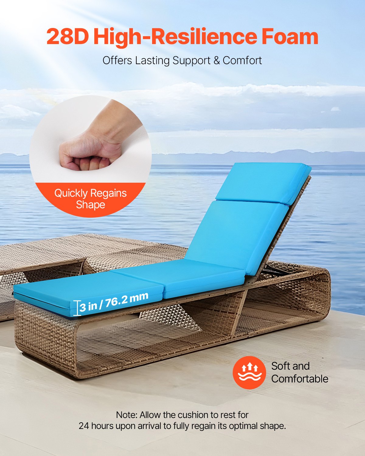 Outdoor Lounge Chair Cushions Set of 2 Waterproof Thick Supportive 72x21 in - Blue