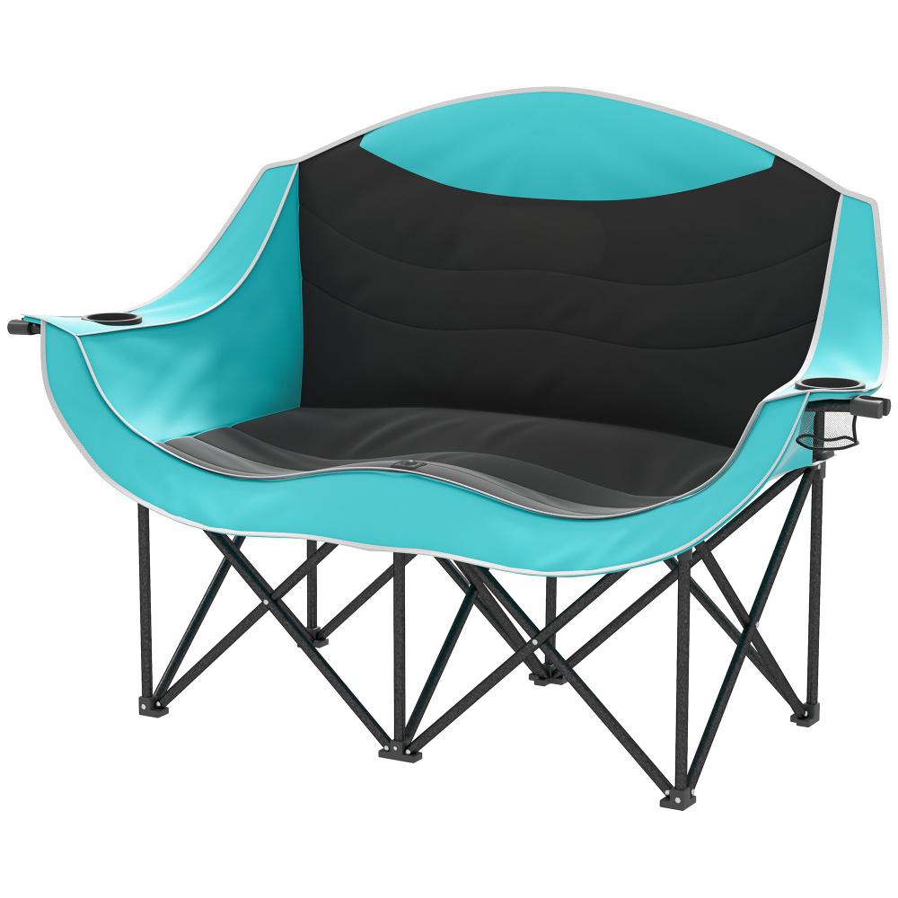 Padded Folding Camp Chair for Adults - Green, Double Seat with Armrests and Cup Holders