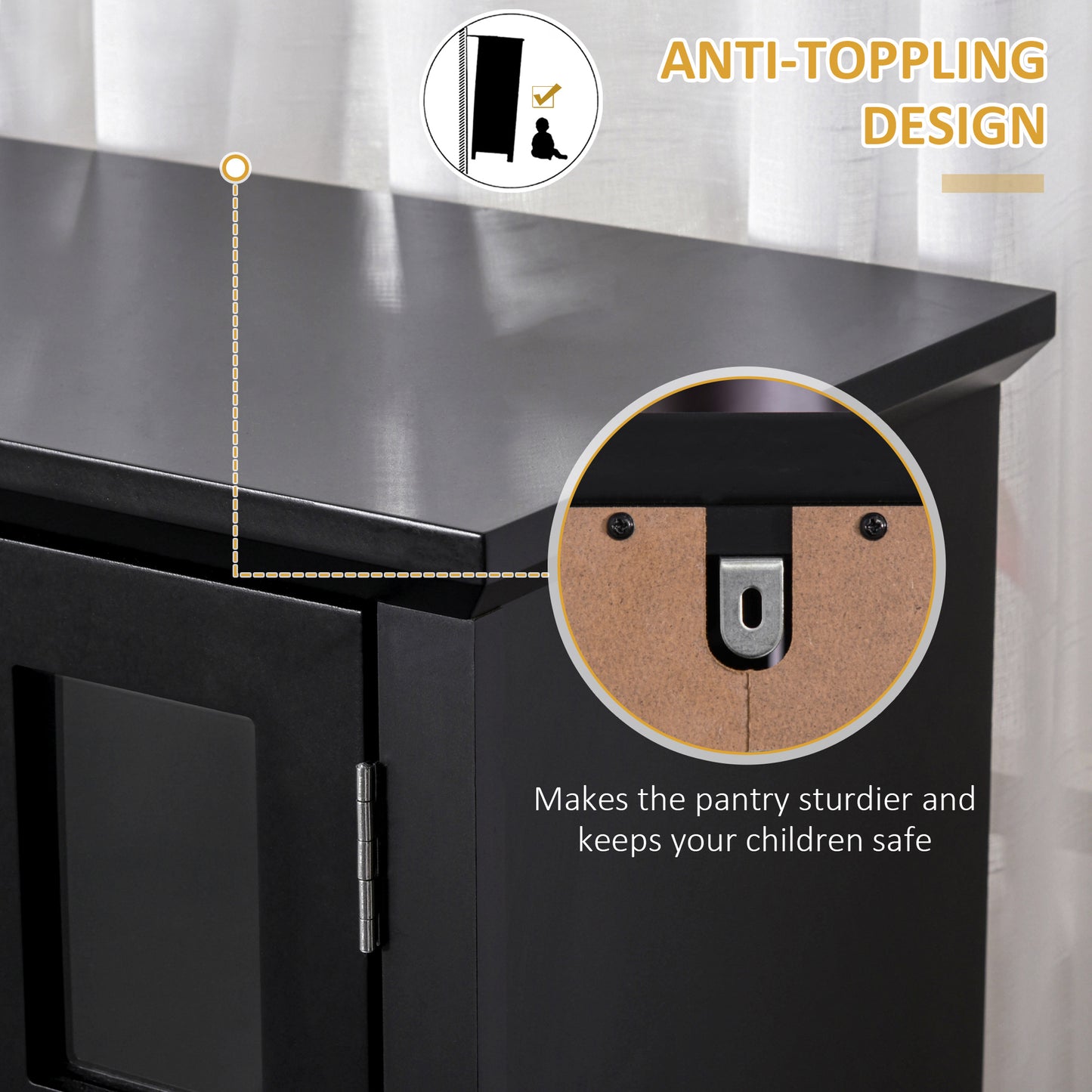 Elegant Kitchen Pantry Storage Cabinet with Hutch - Black