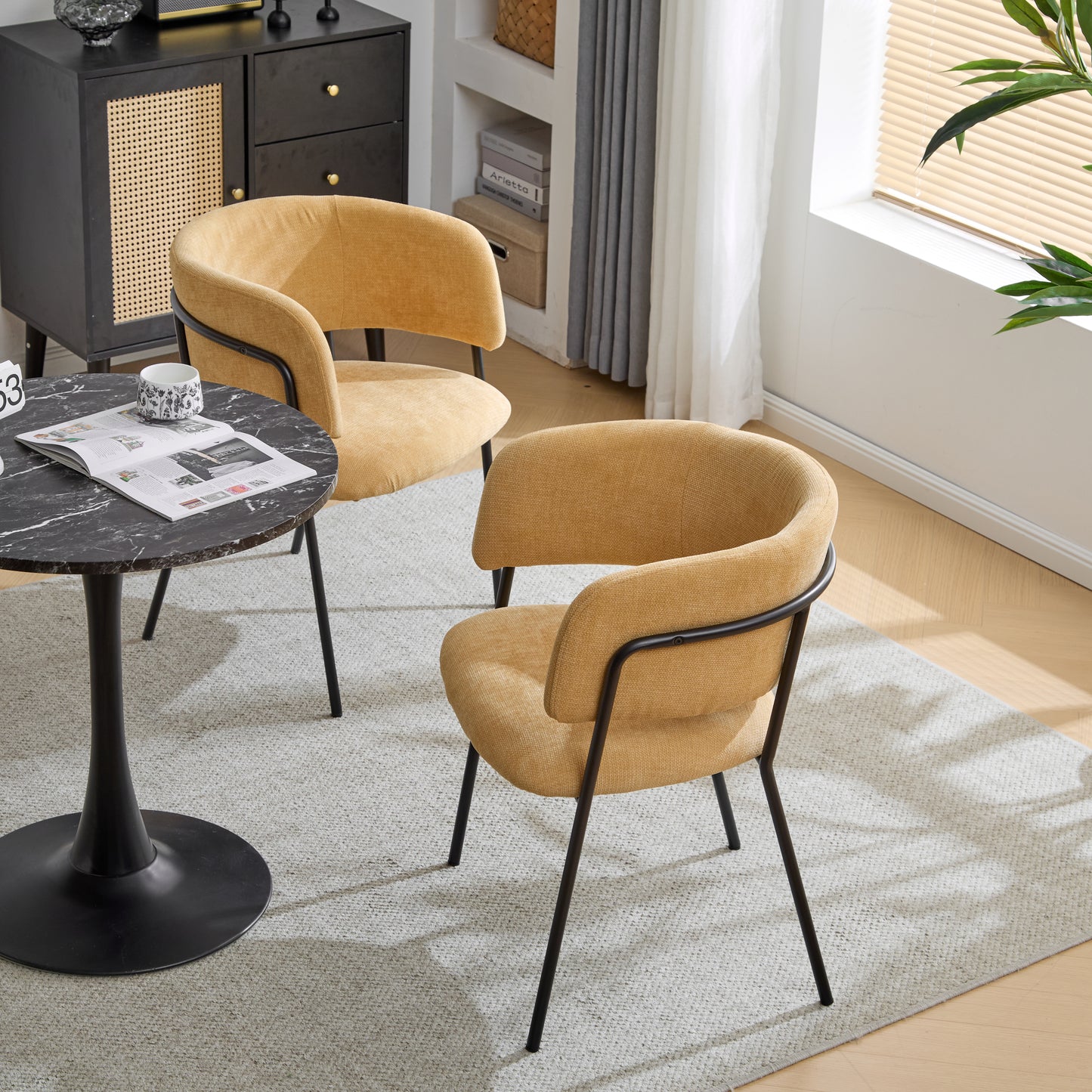 Modern Upholstered Arm Dining Chair Set Of 2-Yellow
