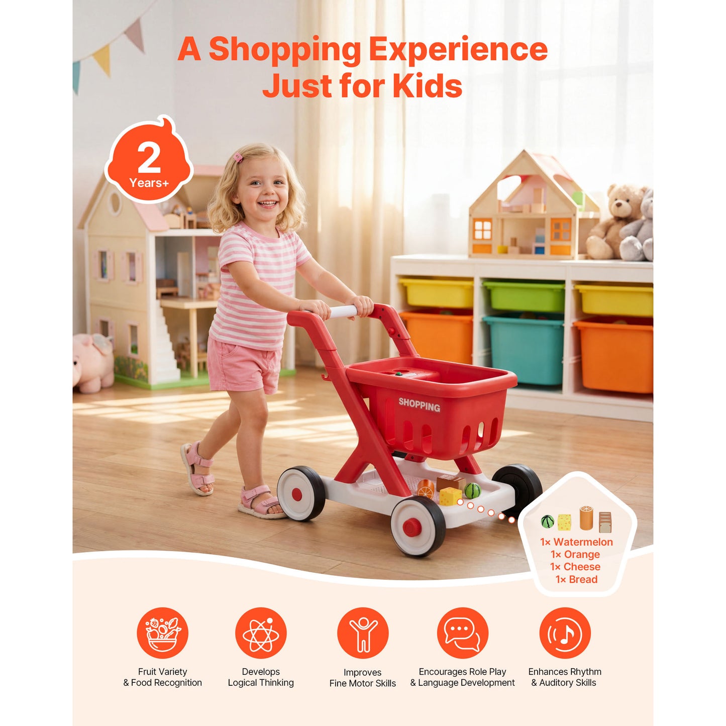 Kids Shopping Cart with Pretend Food Lights & Sound - Toddler Play Grocery Trolley