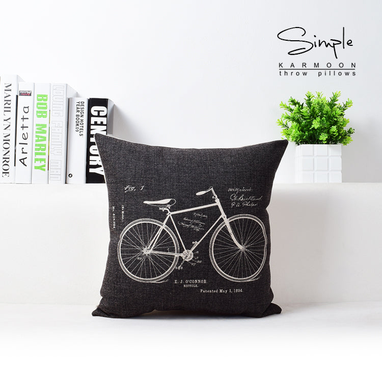 Vintage Camera Bicycle Cushion Cover - Cotton Linen Pillowcase, 43x43cm