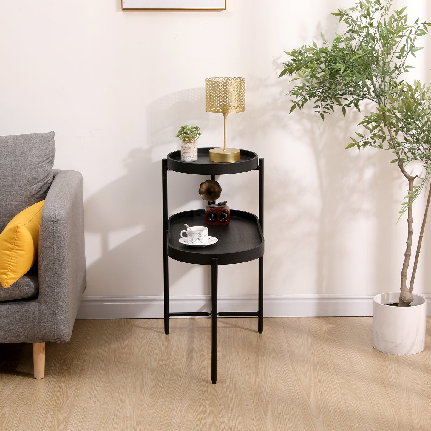 2-Tier Black Side Table with Storage - Metal Frame & Wood Design