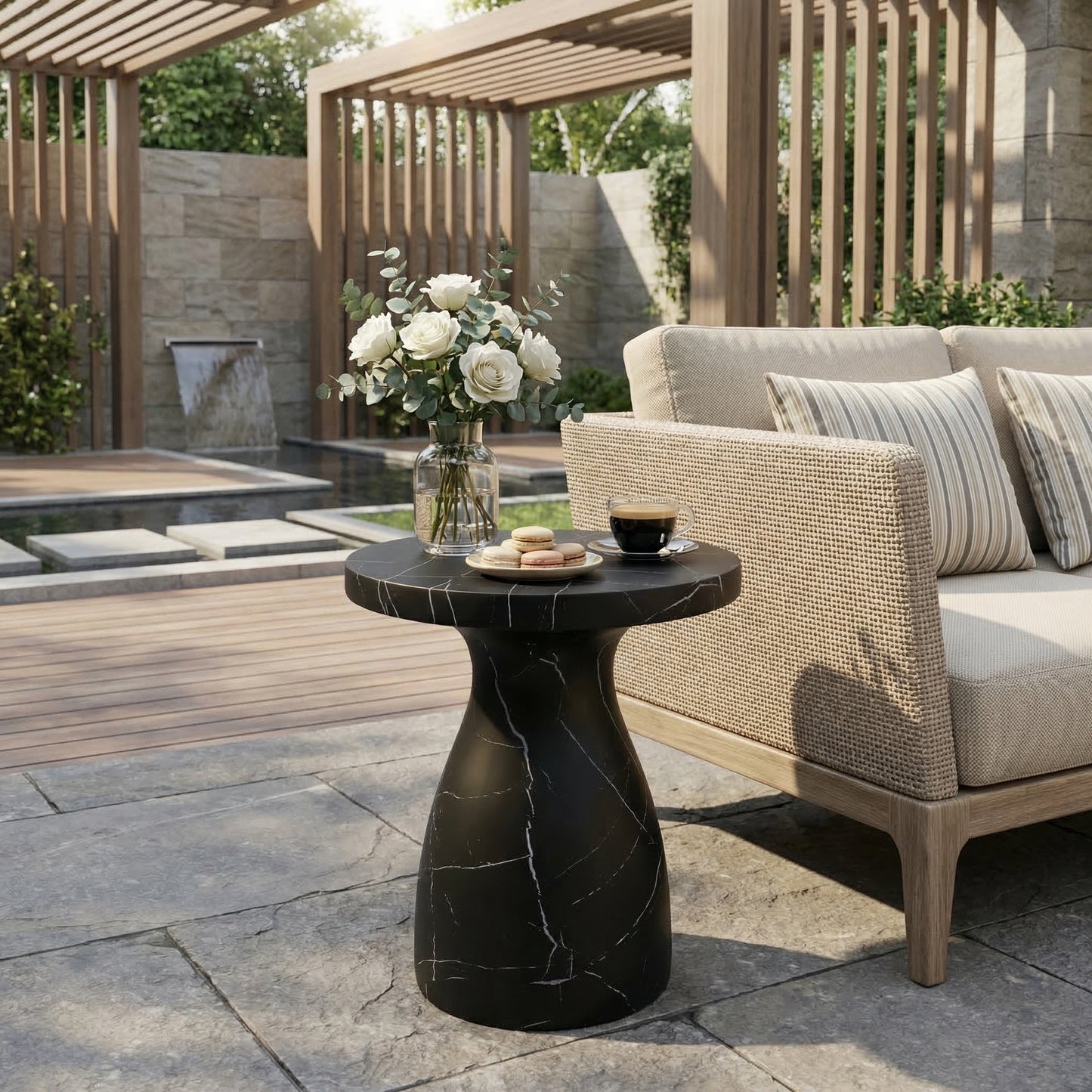 Outdoor Concrete Side Table - Black Marble Effect, 20x20x23