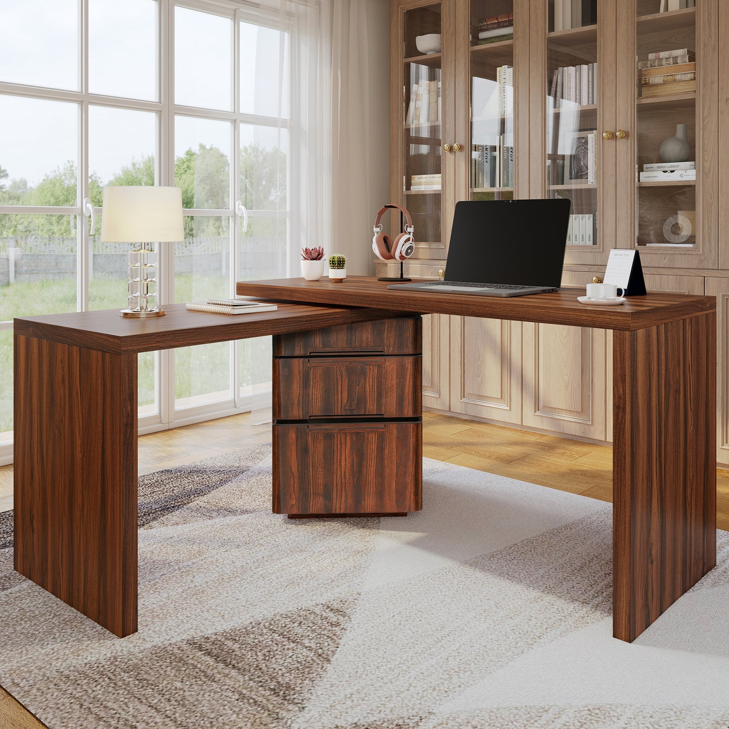 90 Modern L Shaped Desk In Walnut With 3 Drawers,360 Wood Rotating
