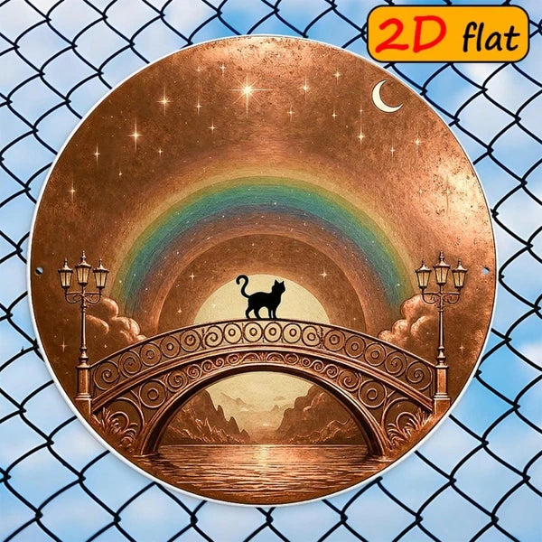 Cat Metal Wall Art Sign - Black Cat on Arch Bridge with Rainbow Sky