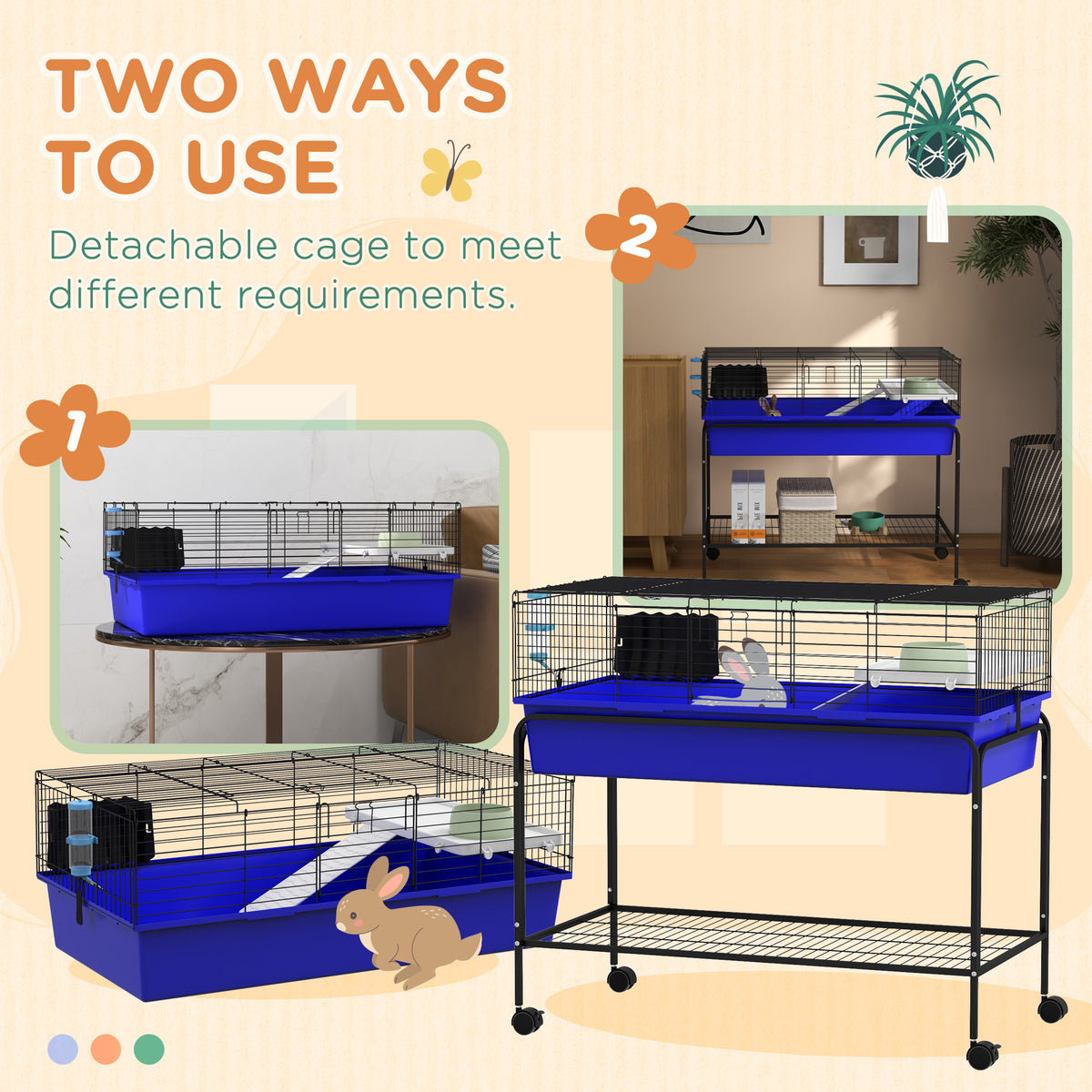 Small Animal Cage with Removable Stand, Wheels & Shelf - Blue, 39 x 20.5 x 36.5 Inches