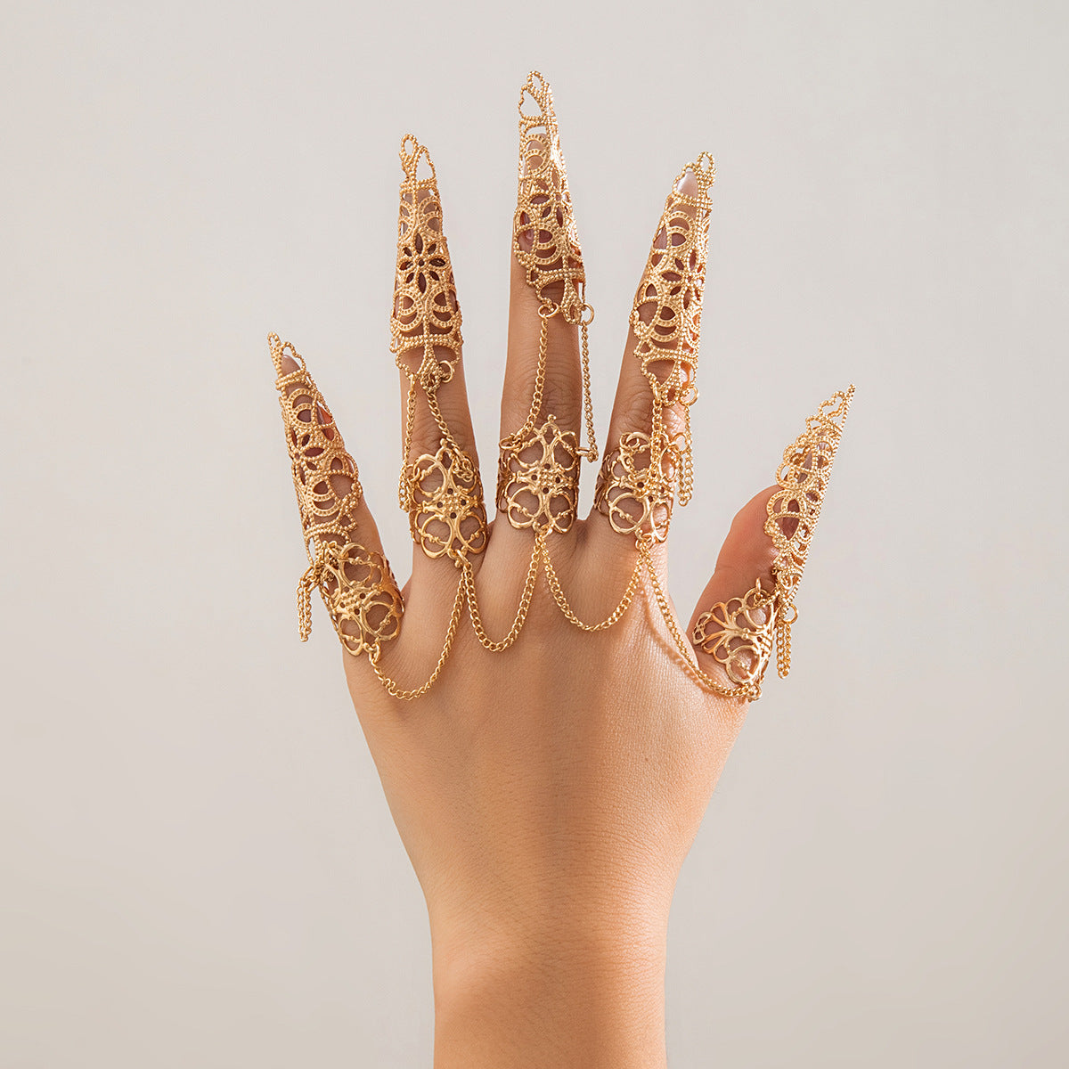 Gothic Style Hollow Tapered Fingernail Ring with Tassel and Geometric Design