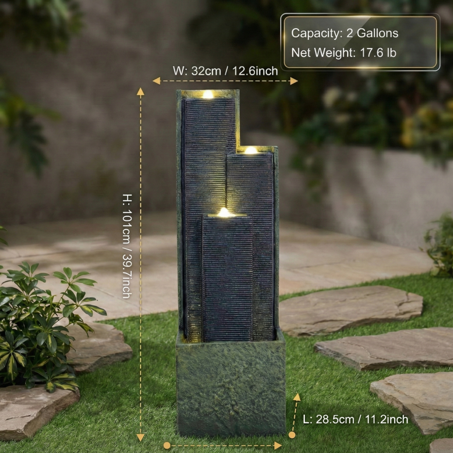 39-inch Outdoor Water Fountain with LED Lights - Garden Patio Lawn Decor