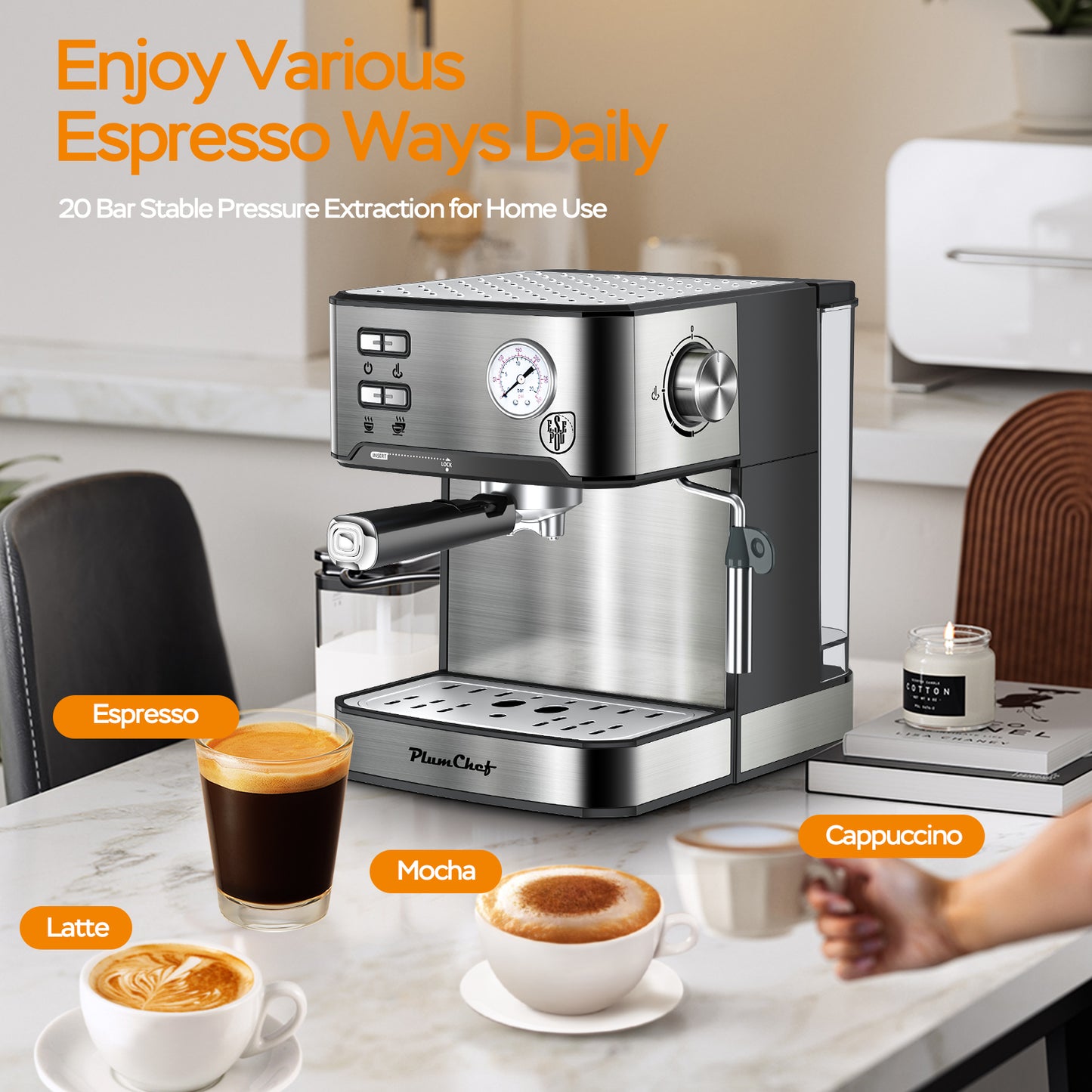 20 Bar Espresso Machine with Milk Frother for Home Barista, Includes Pressure Display & Removable Water Tank