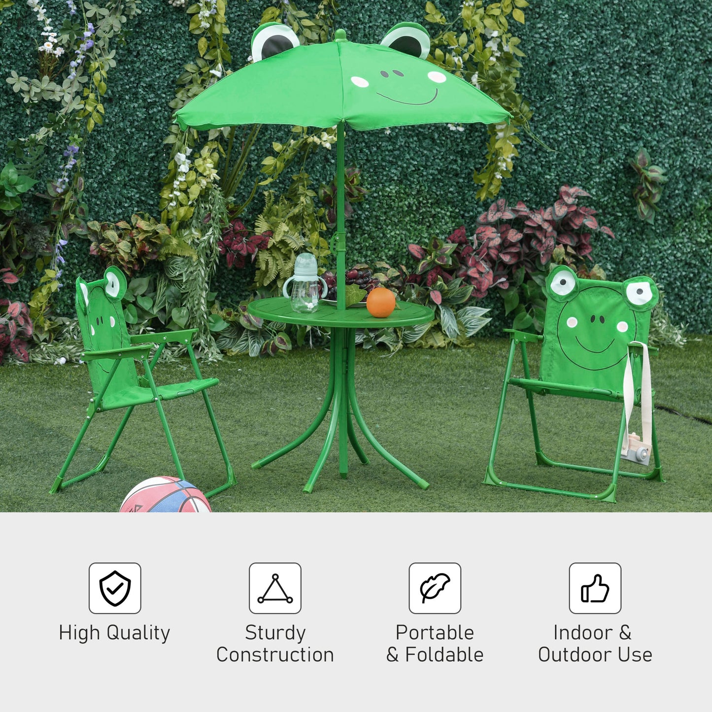 Kids Table and Chair Set with Adjustable Umbrella - Green Frog