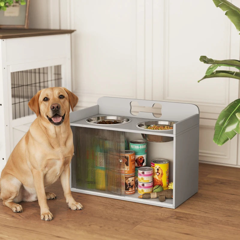 Elevated Dog Bowl Stand with Storage and 2 Stainless Steel Bowls - Large Dogs, Gray