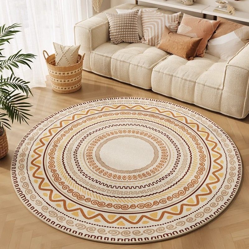 Bohemian Round Rug - Geometric Pattern, Machine Washable, Home Floor Mat
