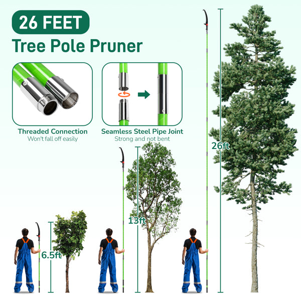 26ft Manual Pole Saw Tree Trimmer Kit with Portable Bag & Spiral Splicing