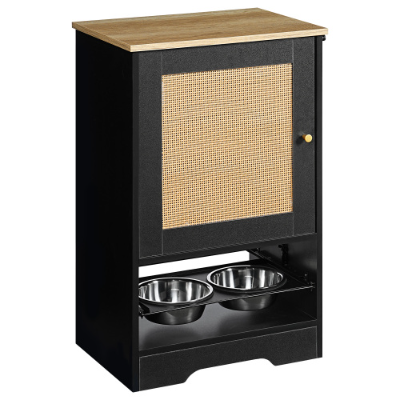 Pet Feeding Station with Storage Cabinets and Elevated Bowls - Black
