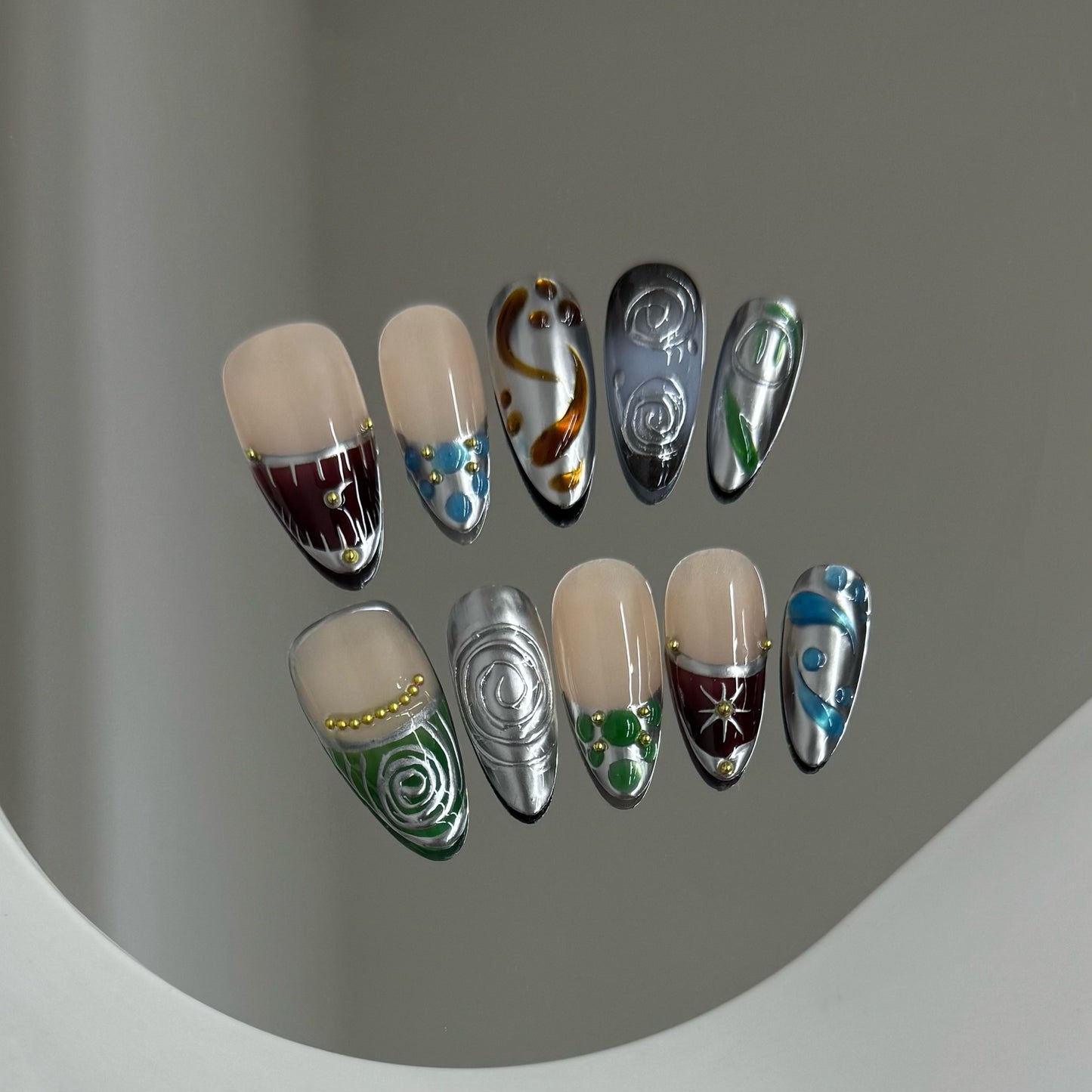 Dark Blue-Green Nail Wraps - Handmade Mysterious Pattern for Women