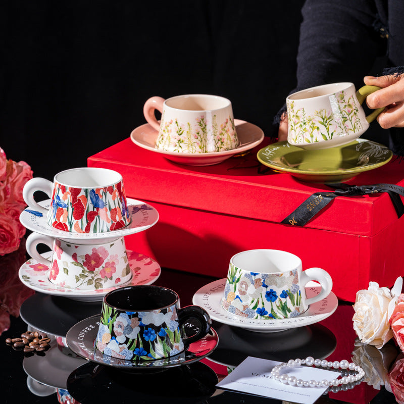 Elegant Iris Flower Ceramic Coffee Cup Set with Gift Box - Multiple Styles & Sizes