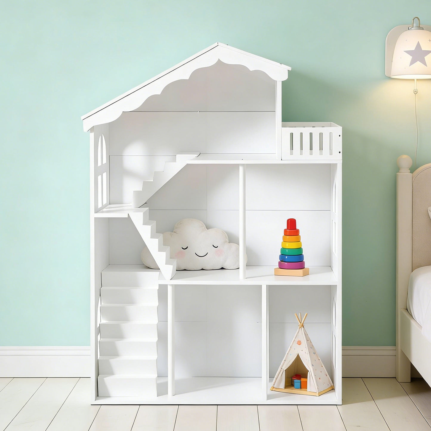 Kids Dollhouse Bookshelf 3 Tier Open Design Wooden Toy House Bookcase