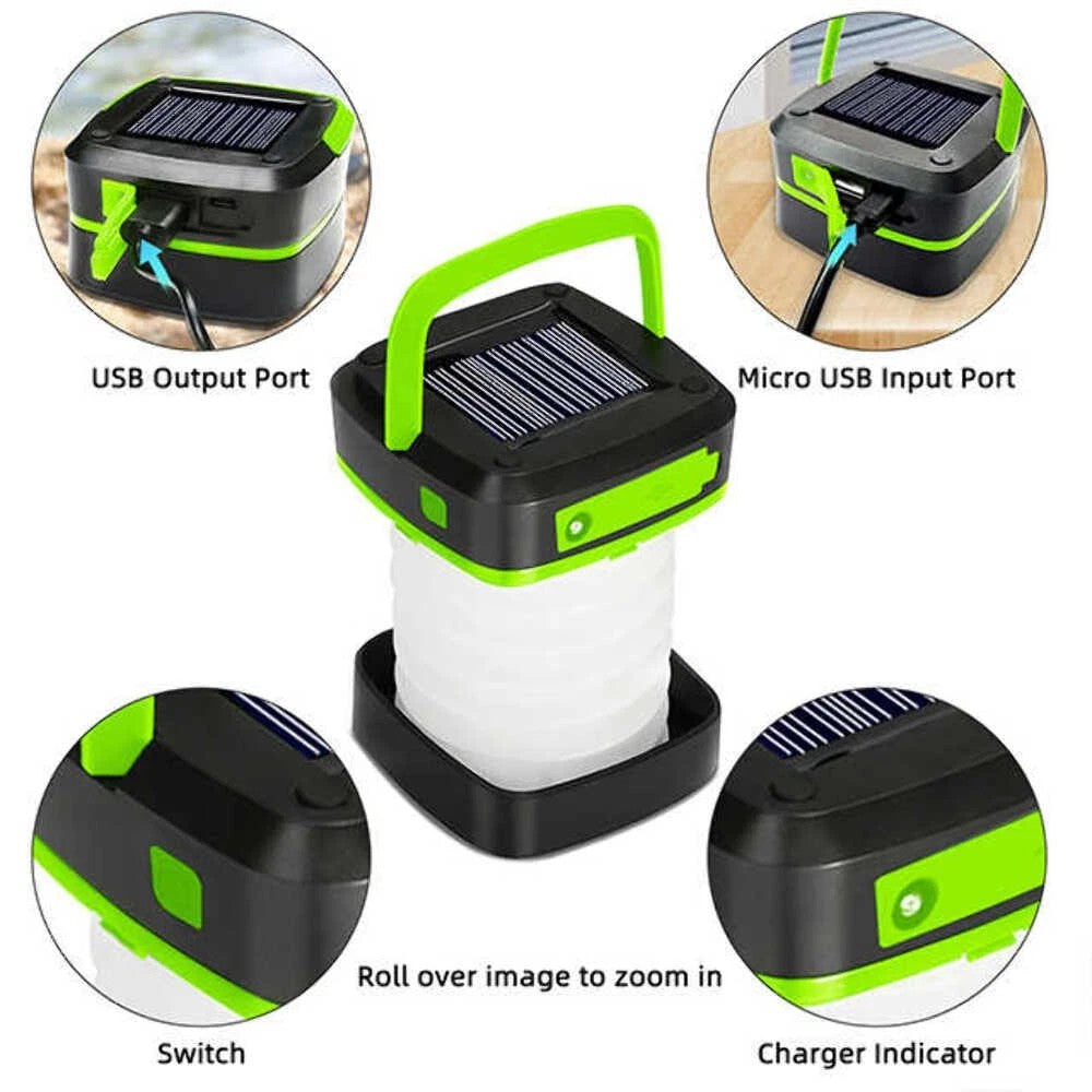 Rechargeable Solar Camping Lantern with Power Bank, Foldable Waterproof LED Light - Green