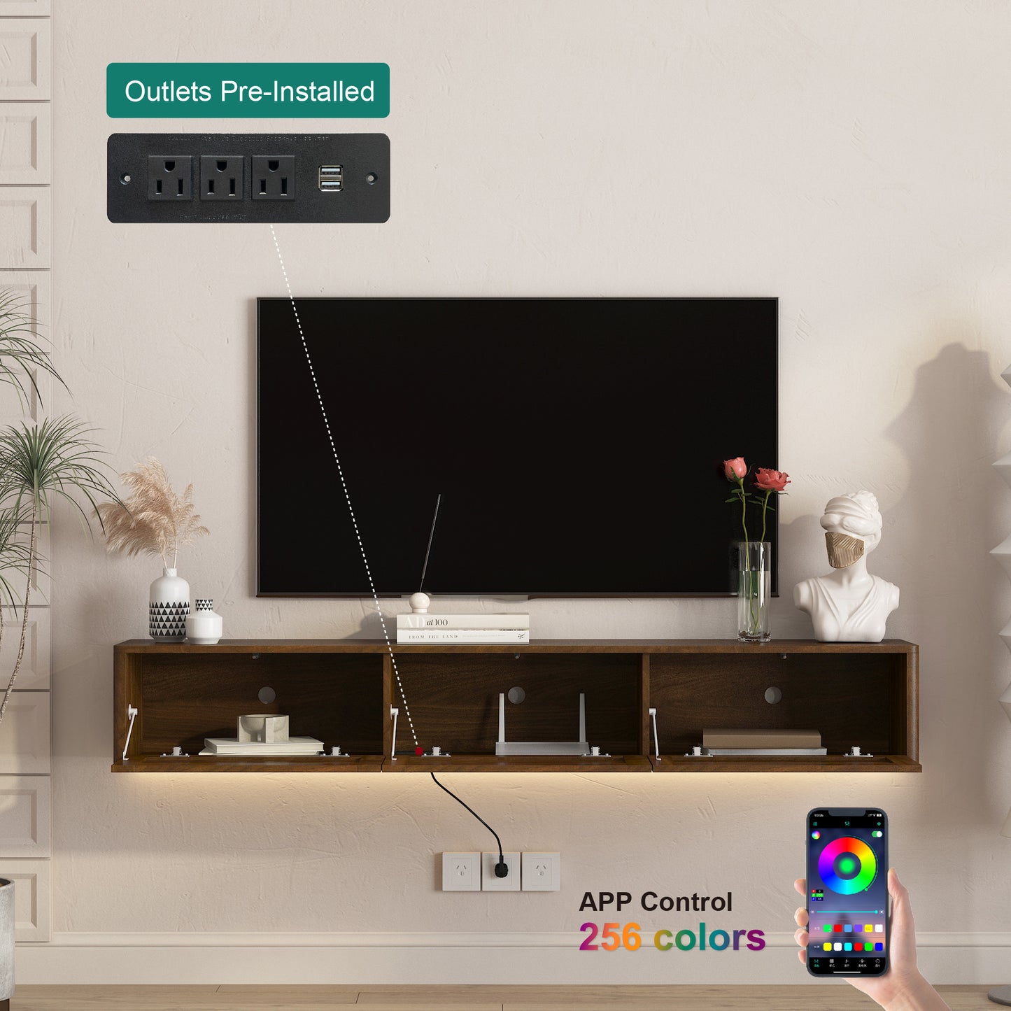 Floating TV Stand with LED Lights & Power Outlet - Wood Finish