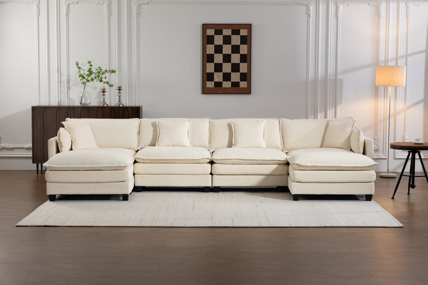 Antique White 4-Seat Sectional Sofa with Ottoman & Pillows