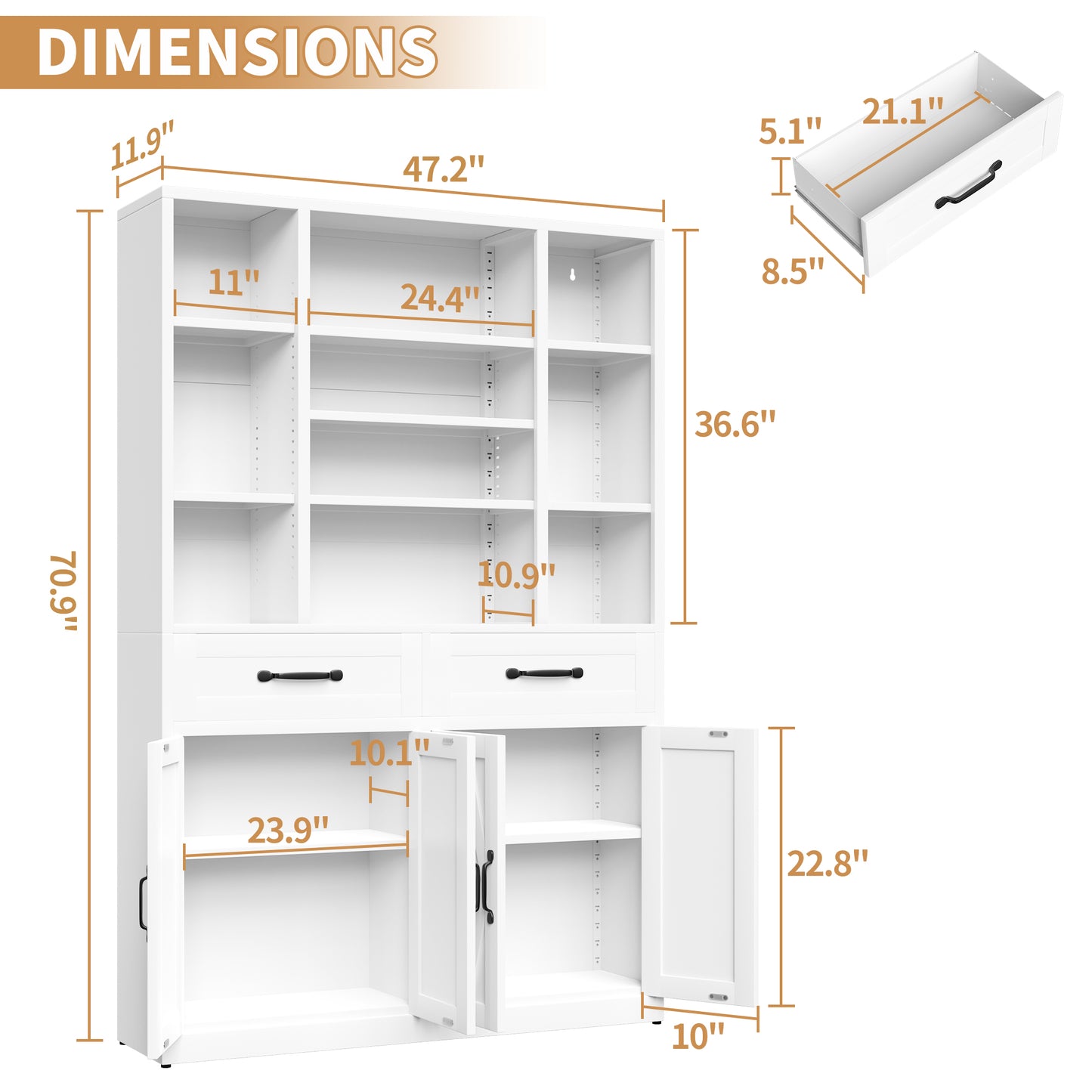 71 Tall Bookcase With Doors, Drawers & Adjustable Open Shelves, Metal