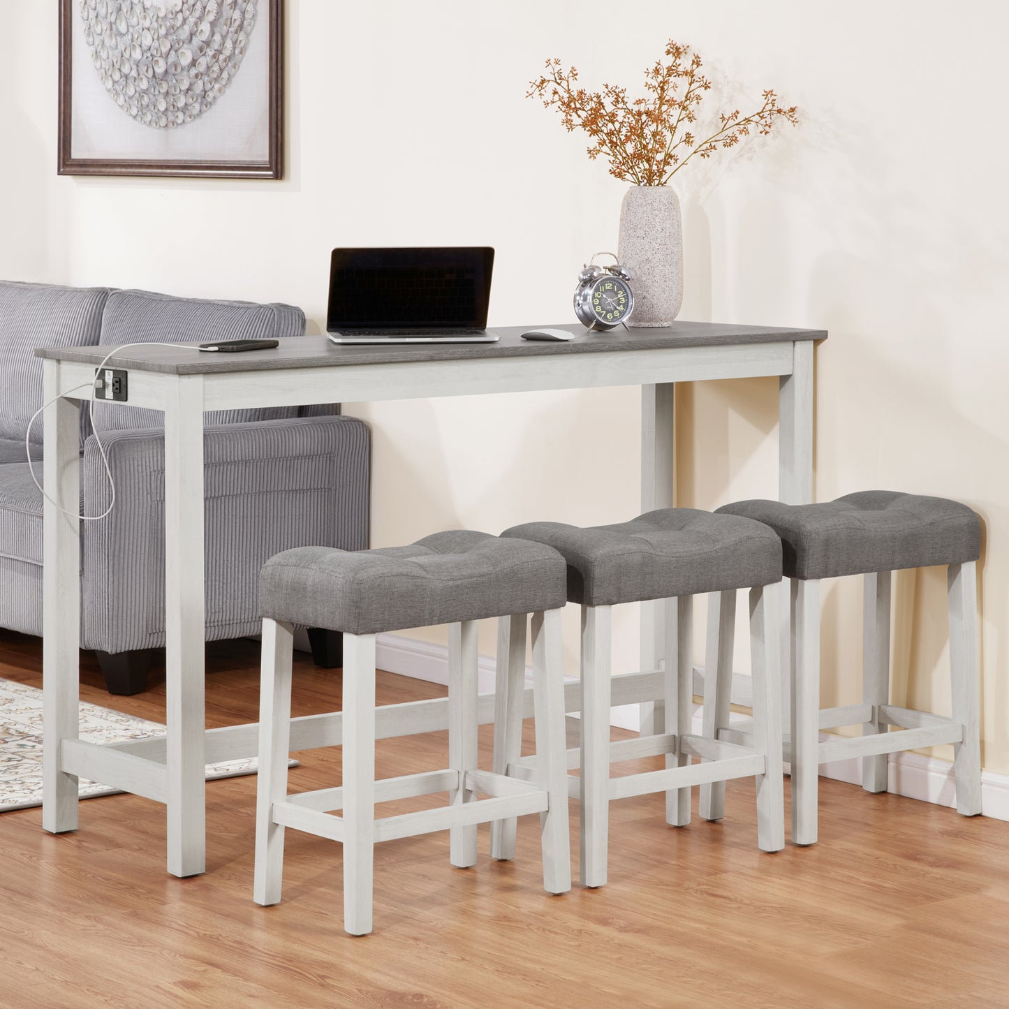 Bar Table Set with Power Outlet & 3 Padded Stools - Grey & White
