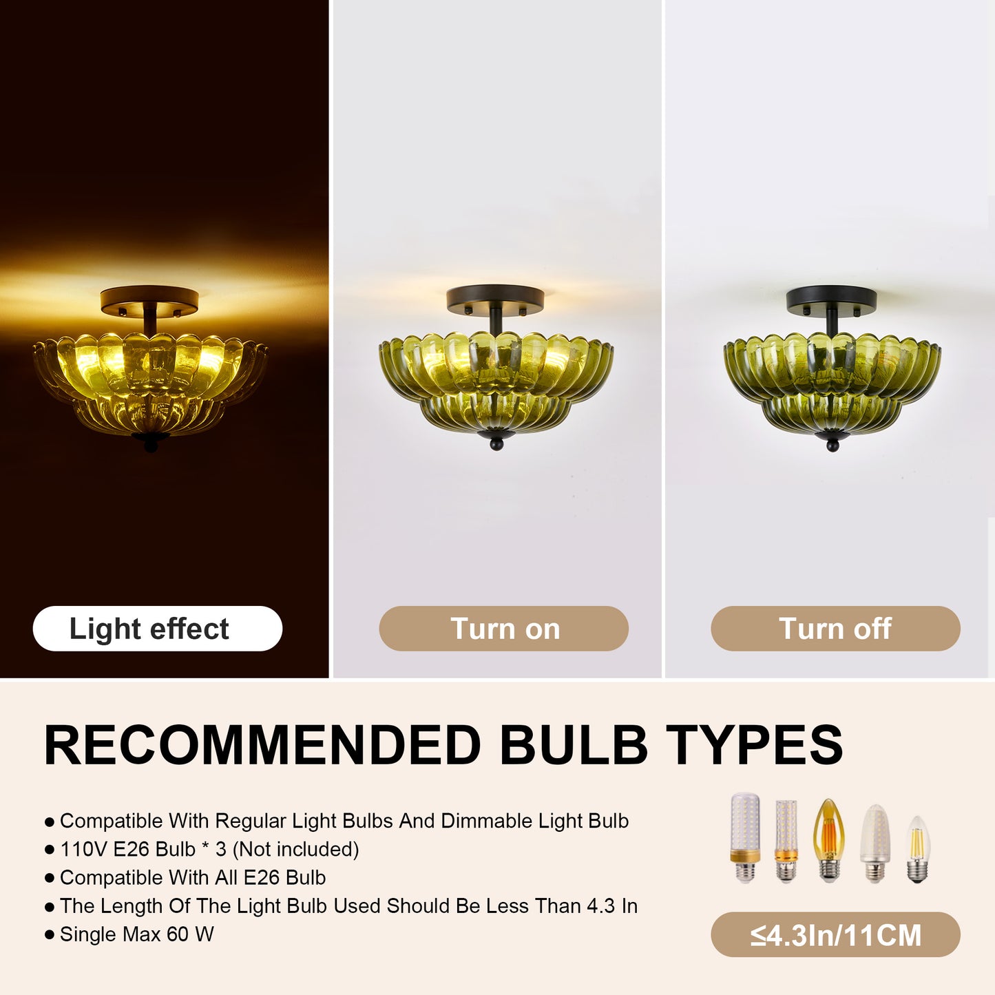 Green Glass Semi Flush Mount Ceiling Light - 3-Bulb Modern Fixture for Living Room & Bedroom