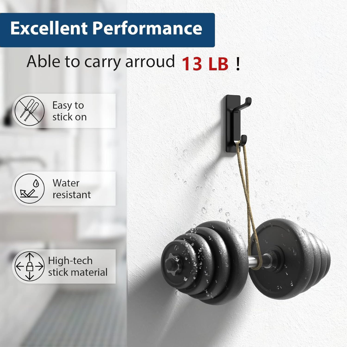 Heavy Duty Adhesive Wall Hooks 4 Pack - Black, 13LB Hold, Double Hook Design