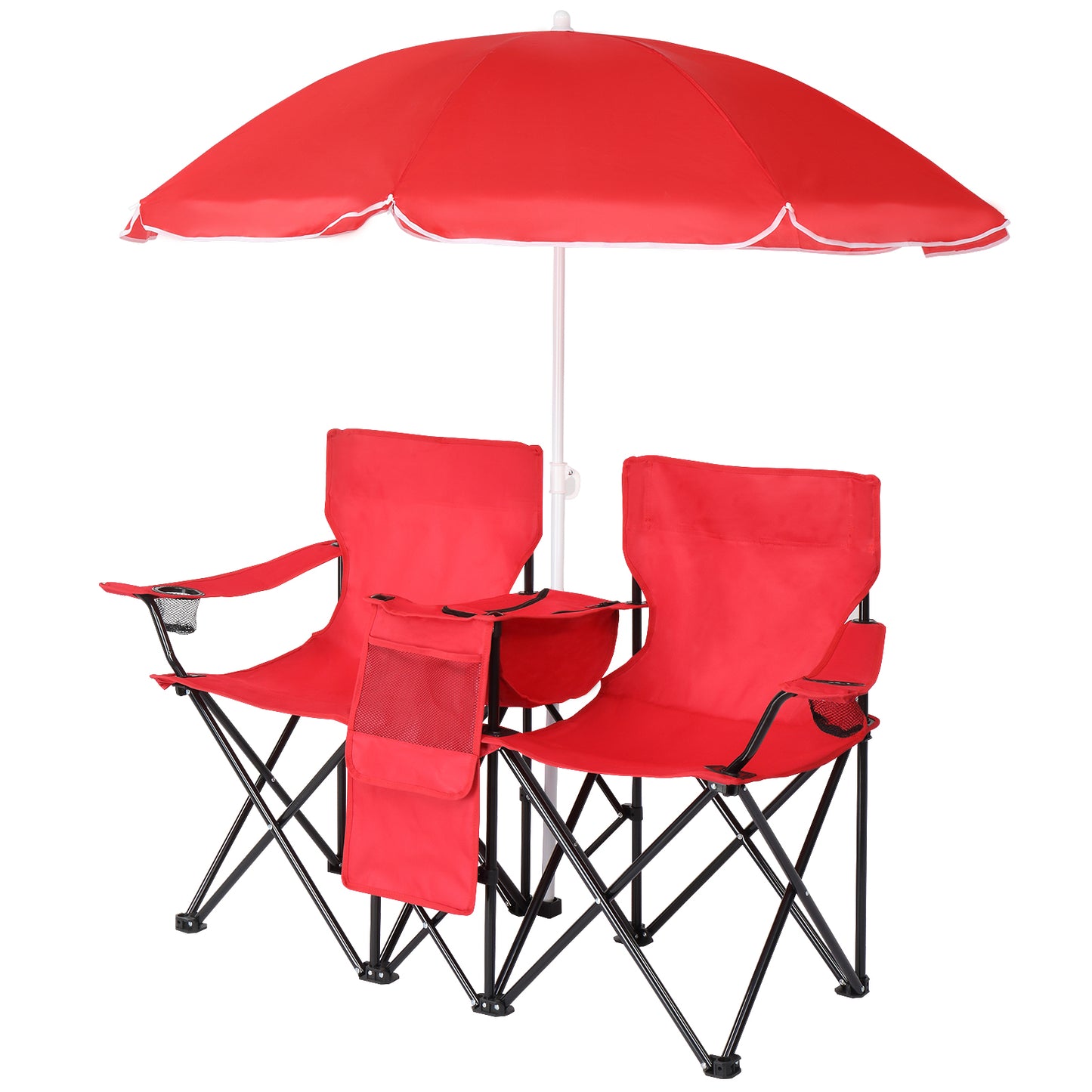 Folding Double Camping Chair with Removable Umbrella & Cup Holders - Red